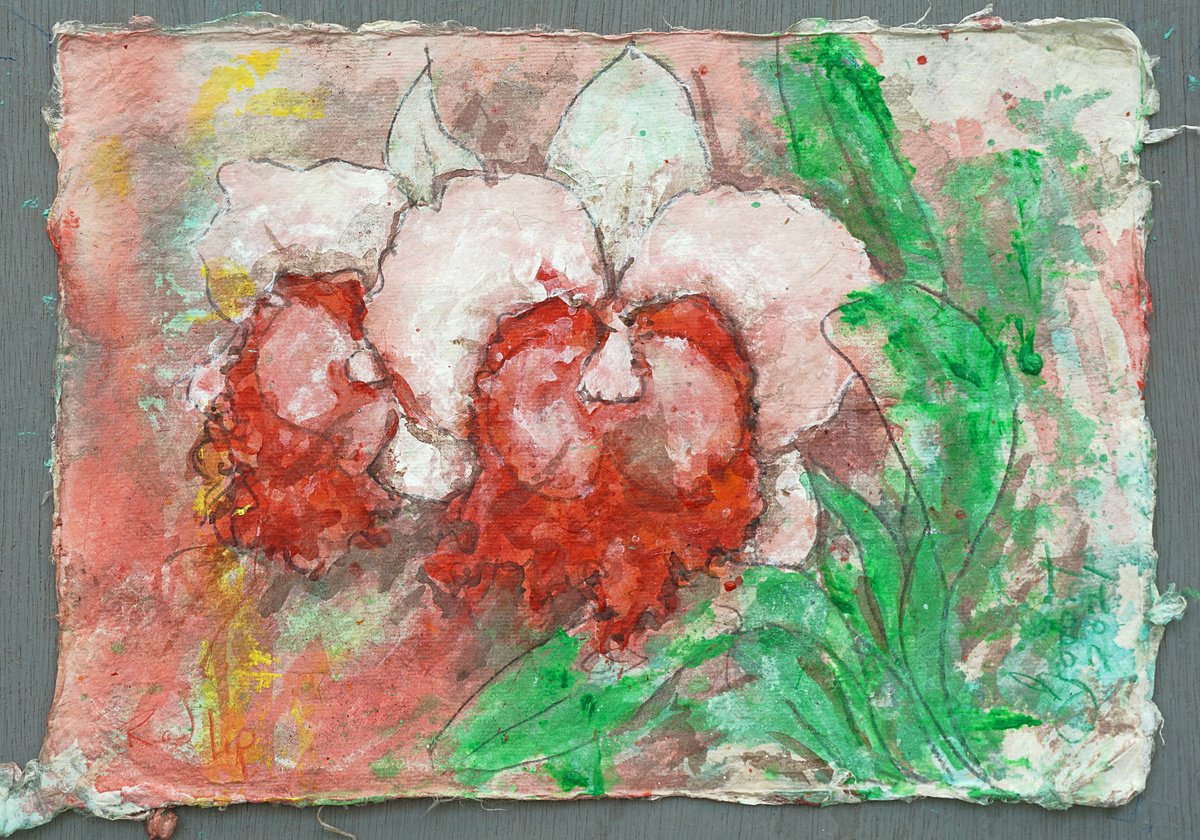 Expressive Botanical Acrylic Painting By Gordon T., 14 X 10, Red Lip, Original Artwork