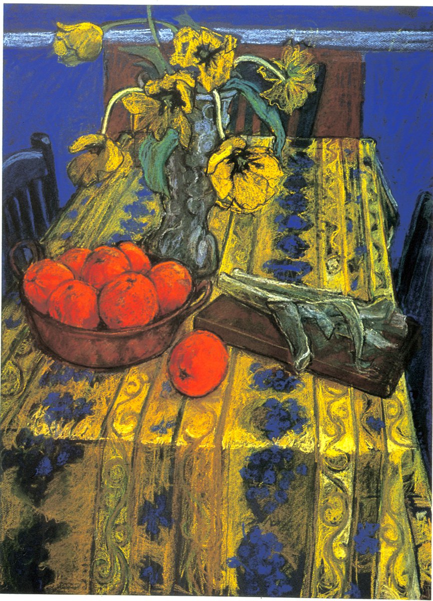 French Tablecloth and oranges still life by Patricia Clements