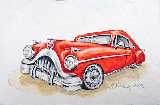 Red car. Watercolor miniature. Part from "Retro cars" series. Framed