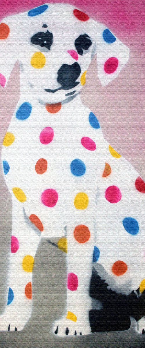 Damien's dotty, spotty, puppy dawg (pink on canvas) +FREE poem. by Juan Sly
