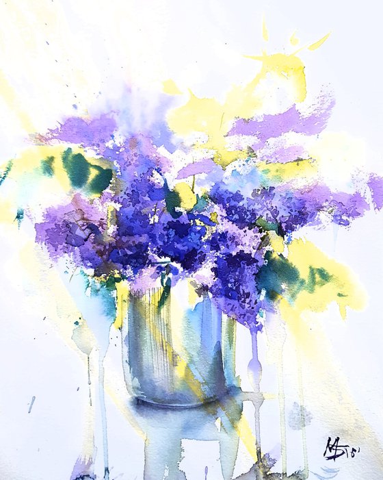 Lilac bouquet. Blue flowers in watercolor