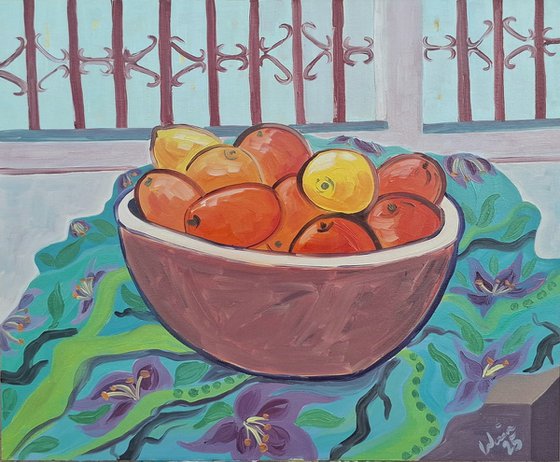 Still life with oranges and lemons.