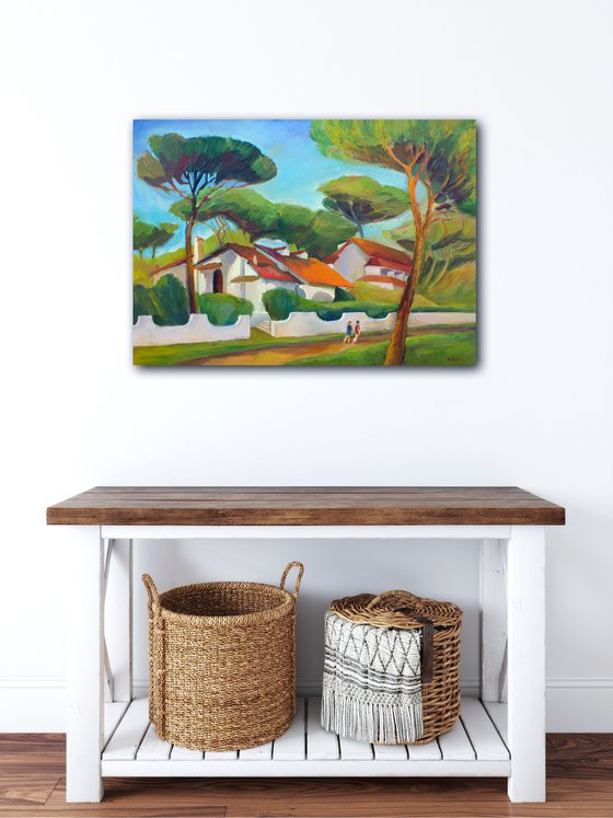 ITALY. LIDO DI SPINA (WANT TO TAKE A STROLL?) - expressive bright landscape with green pine trees and walking people gift idea home décor