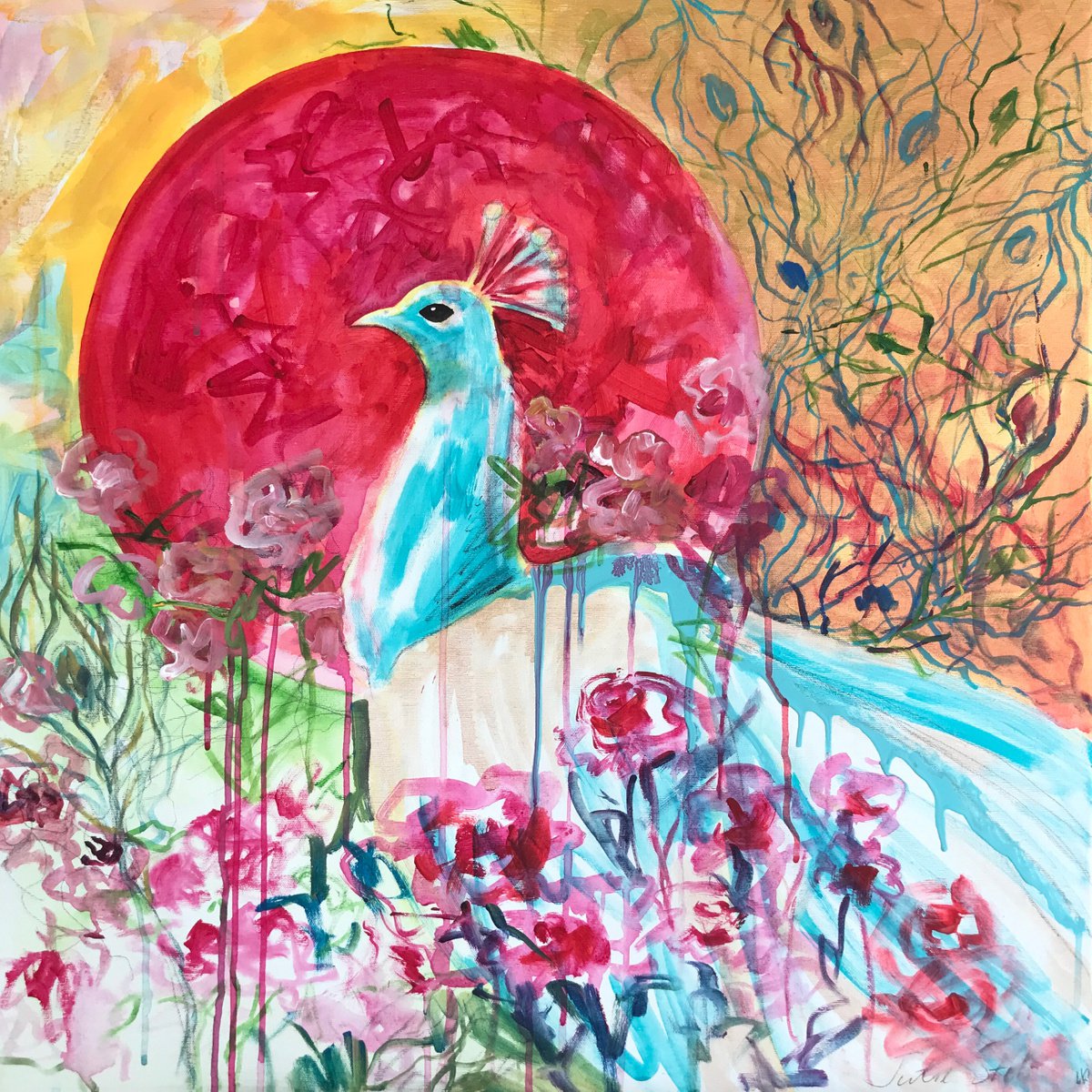 Peacock in the roses garden by Julie Stepanova