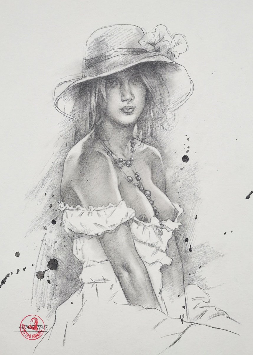 Illustrative Portrait Pencil Drawing By Hongtao Huang, 7 X 10, Portrait Of Noblewoman, Original Artwork