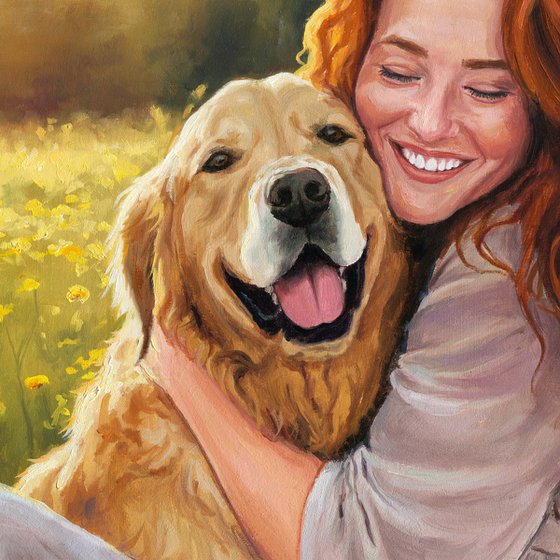 Smiling red-haired woman hugging a dog