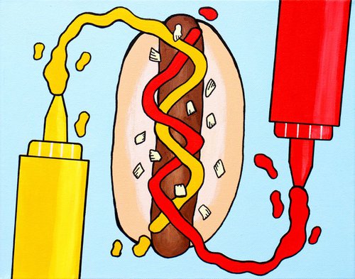 Hot Dog With Tomato Ketchup And Mustard Pop Art Painting On Canvas by Ian Viggars