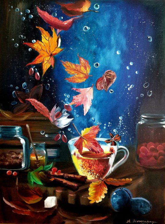 Still Life with a Cup of Tea and Falling Leaves. Original Oil Painting on Canvas. Christmas gift. New Year gift. 18" x 24". 45.7 x 60.96 cm. 2022.