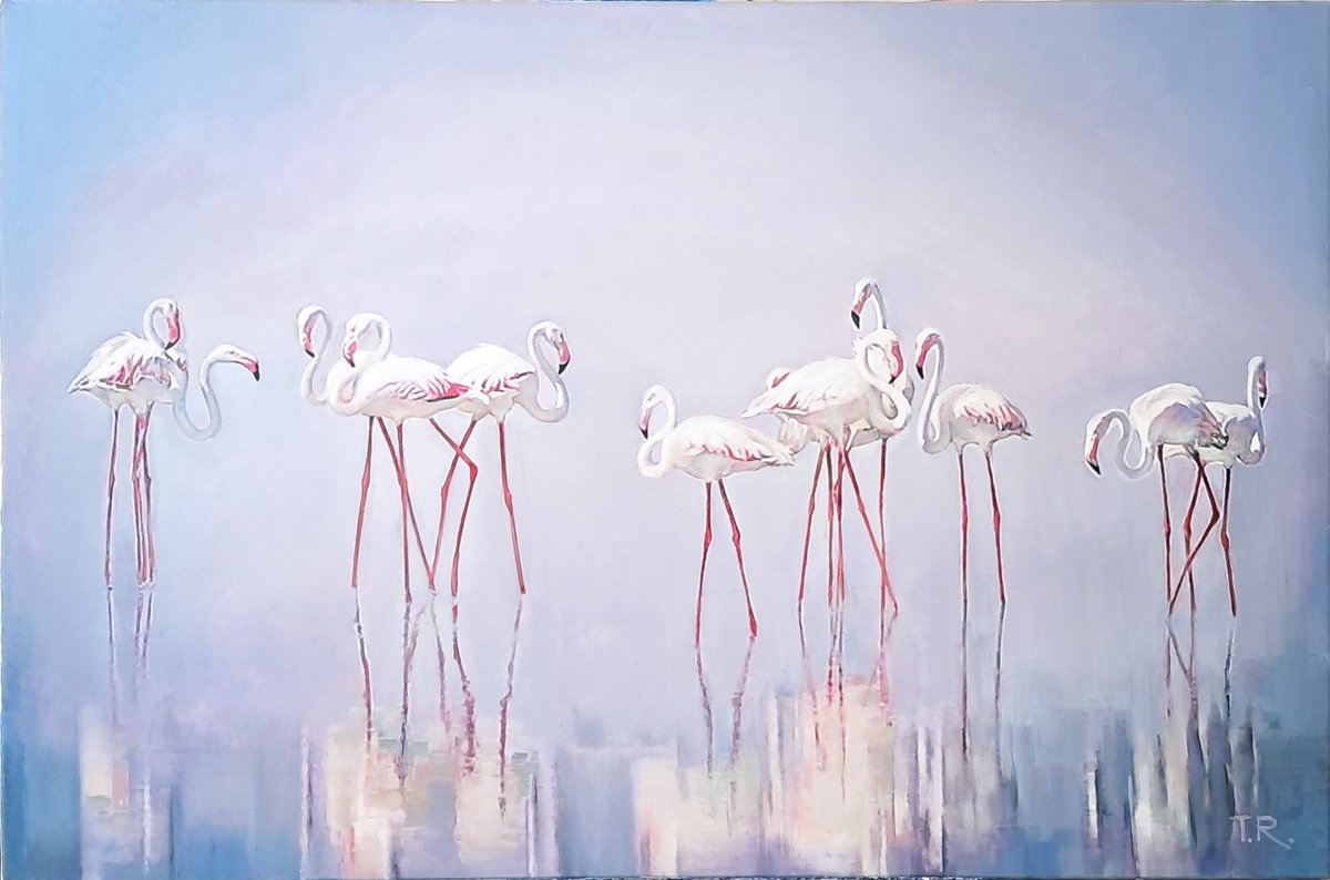 Impressionistic Animal Oil Painting By Tatiana Rezvaya, 35 X 24", Long-Legged Graces, Original Artwork