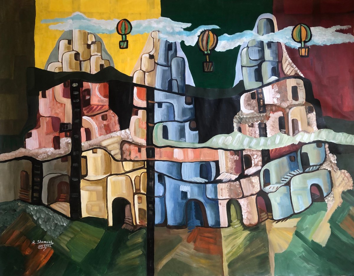 Expressive Landscape Acrylic Painting By Abdelrahman Shamieh, 63 X 49, Cappadocia, Original Artwork