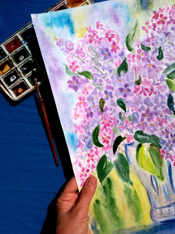 Lilac Painting Floral Original Art Flowers Watercolor Artwork Small Home Wall Art 12 by 17" by Halyna Kirichenko