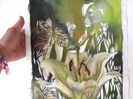 spring green tulip watercolor with paper cut