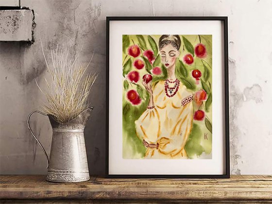 Apple from father's garden - Ukrainian woman original watercolor