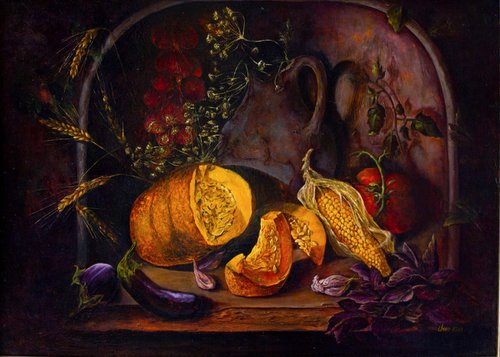 Rustic still life with pumpkin, corn and old jug. by Inga Loginova