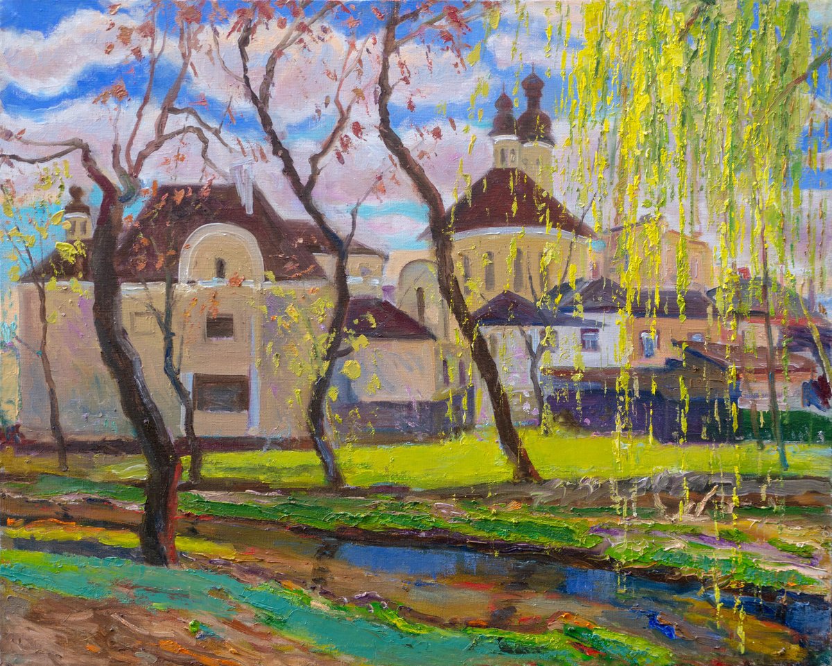 Impressionistic Landscape Oil Painting By Vyacheslav Onyshchenko, 35 X 28", Spring Cut-Outs, Original Artwork