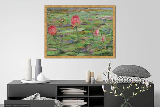 ROSE LOTUS - Landscape water lily pond, lilies, original painting, oil on canvas, interior home decor, 73x105