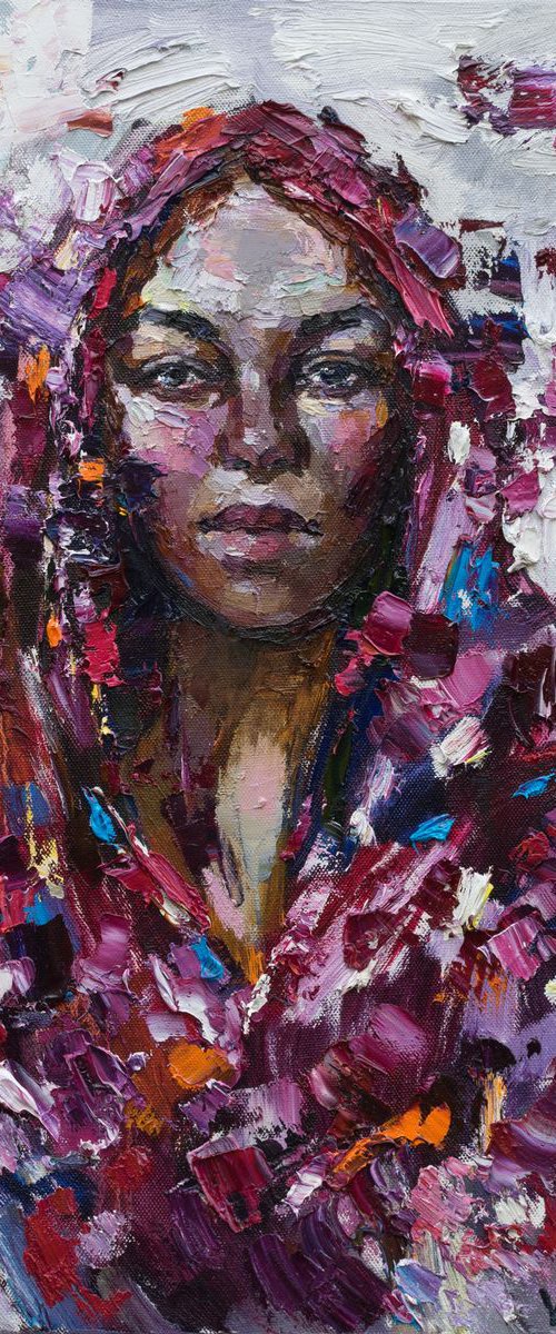 Woman in the red headscarf Original portrait painting on canvas  Palette knife by Anastasiia Valiulina