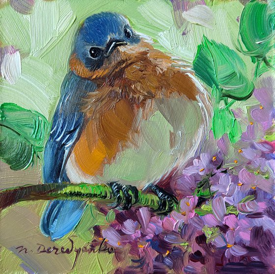 Blue bird painting original in oil 4x4 framed, Eastern Bluebird chick art miniatures painting, Nursery wall art green birdie