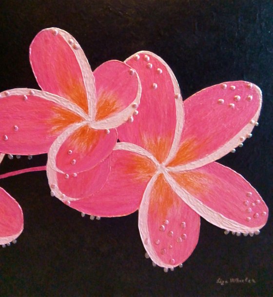 Exotic Jewels - large semi abstract pink plumeria flower painting; home, office decor; gift idea