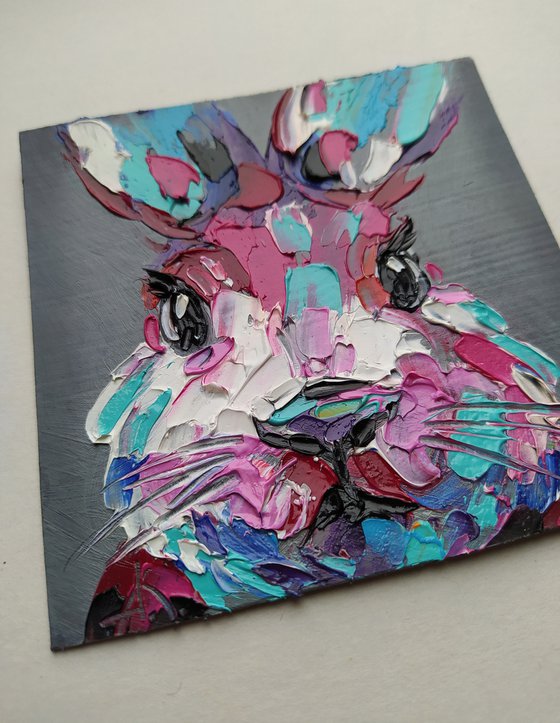 Pink rabbit - oil painting, bunny, rabbit oil painting, small painting, postcard size, animals, animal oil painting