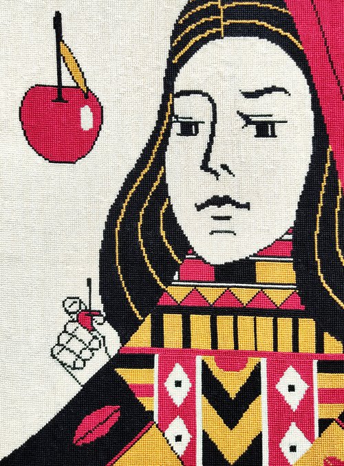 Queen of cherries, embroidered portrait by Andromachi Giannopoulou