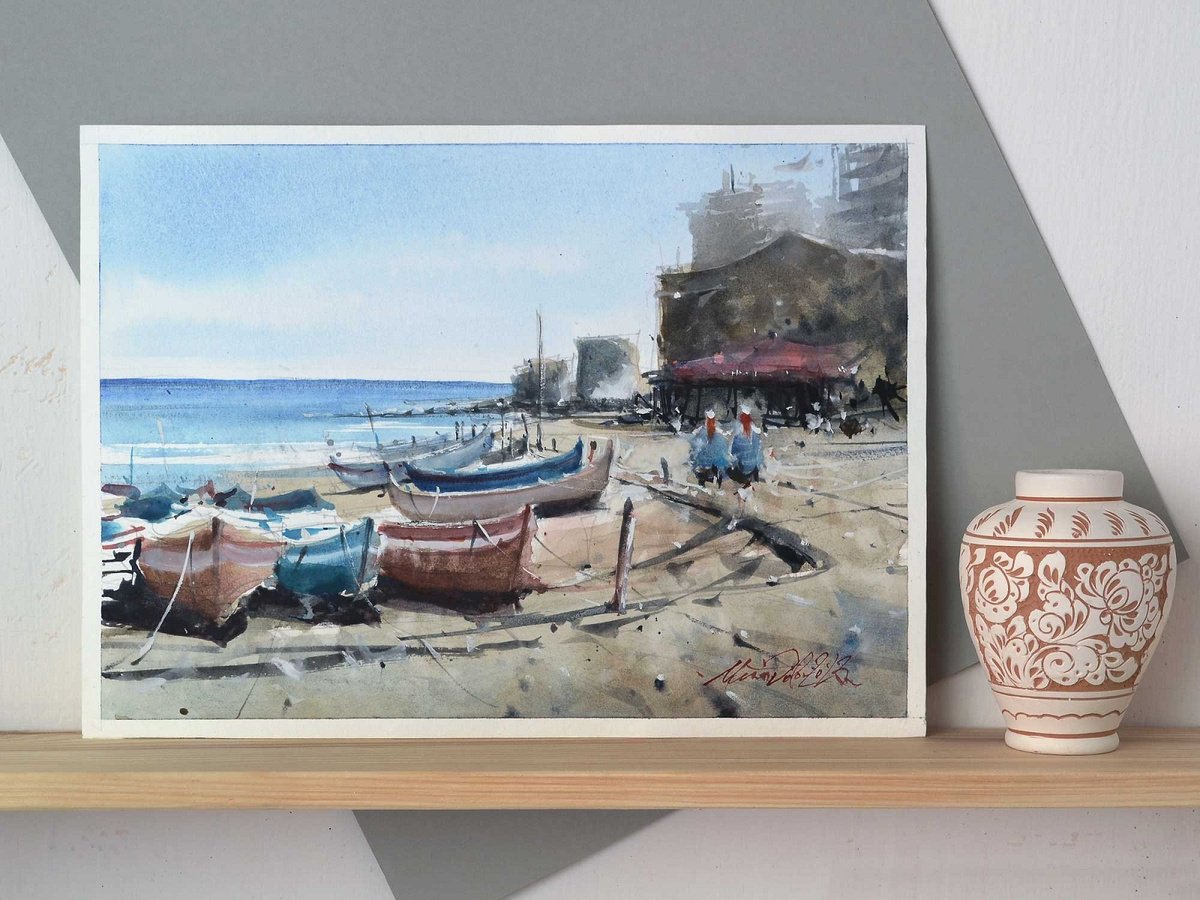 Sicily Italian Seaside beach landscape with boats painted in watercolor by Marin Victor