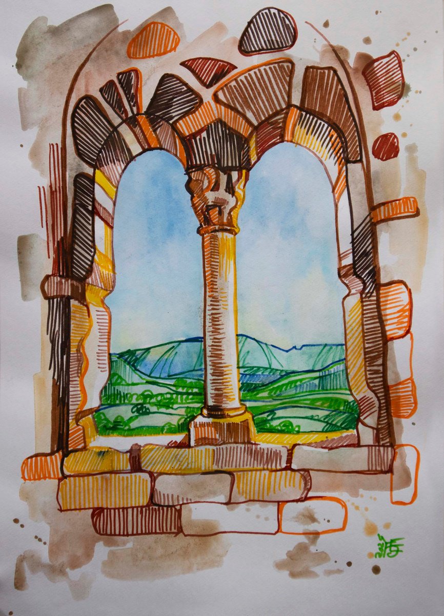 Illustrative Cityscapes Drawing By Kateryna Bortsova, 10 X 14", Drawing Of View From Ancient Castle, Original Artwork