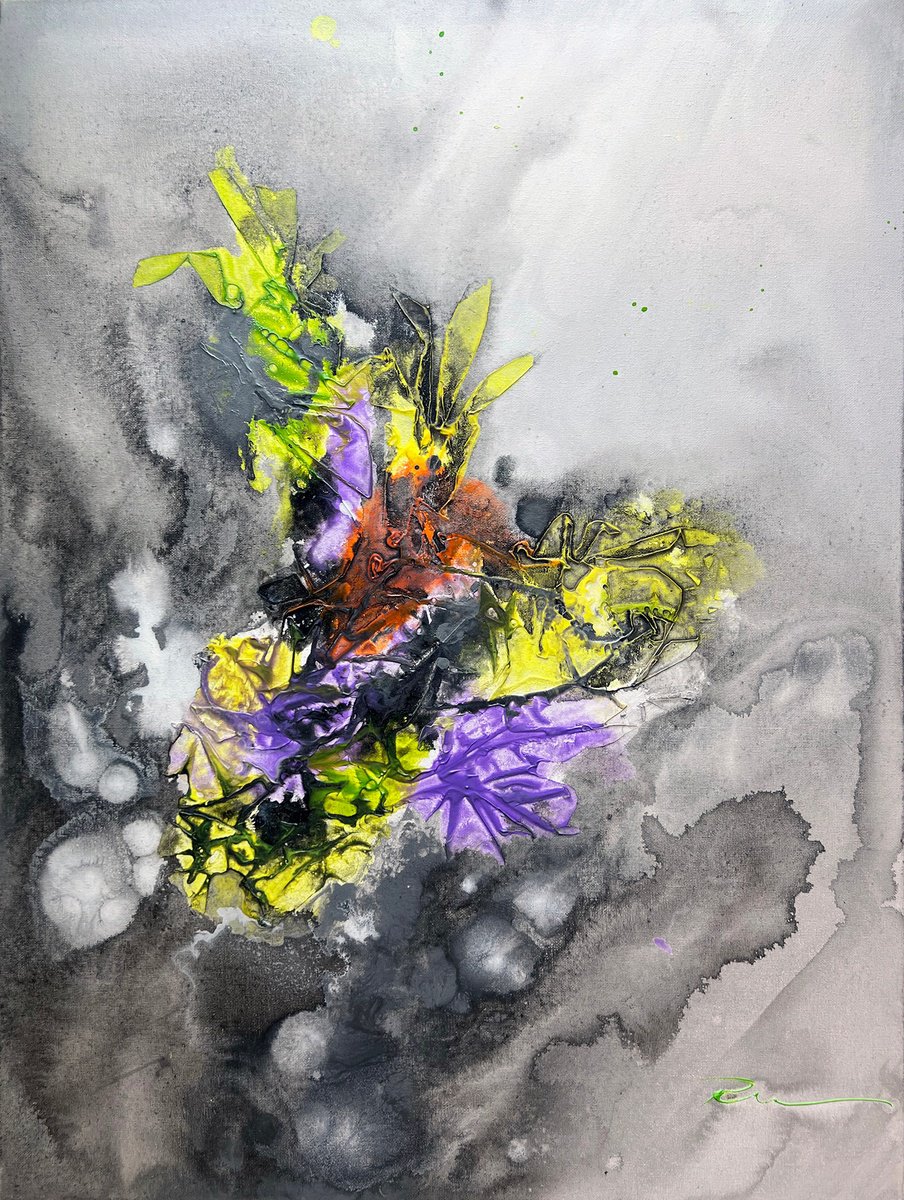 Abstract Botanical Acrylic Painting By Indie Ru, 24 X 31, Breaking Through The Grey, Original Artwork