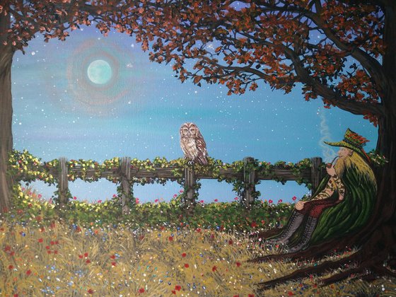 Green Man and the Owl. Original acrylic painting by Zoe Adams.