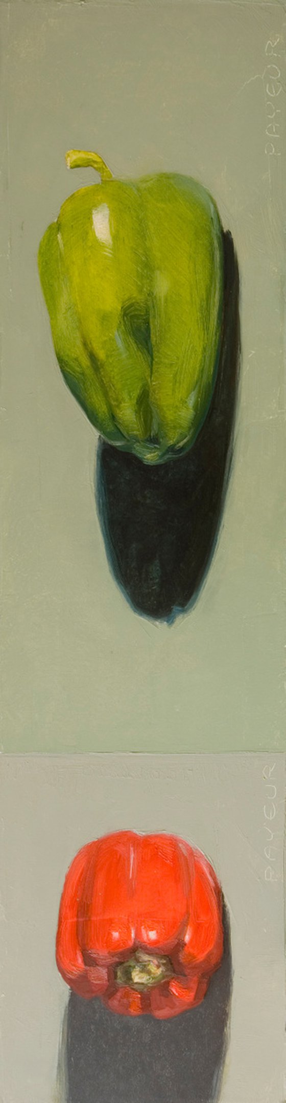 gift for food lovers: modern diptych, still life of red and green pepper