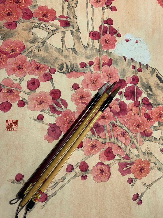 Love in the Red Plum Blossoms, Original Gongbi Brush Painting