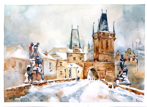 "Bridge in Prague. Winter architectural landscape" Original watercolor painting by Ksenia Selianko