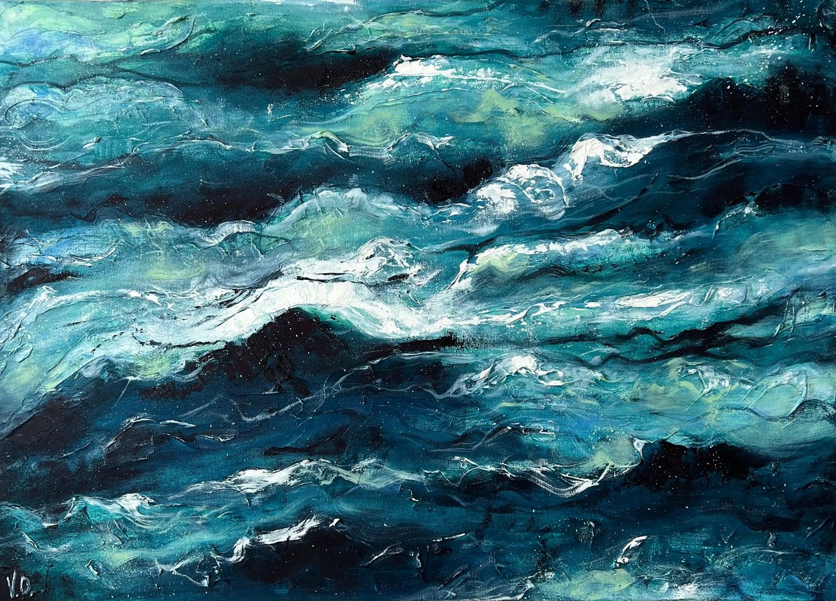 Organic Abstract Acrylic Painting By Valeria Ocean, 28 X 20", In Storm Gathering, Original Artwork
