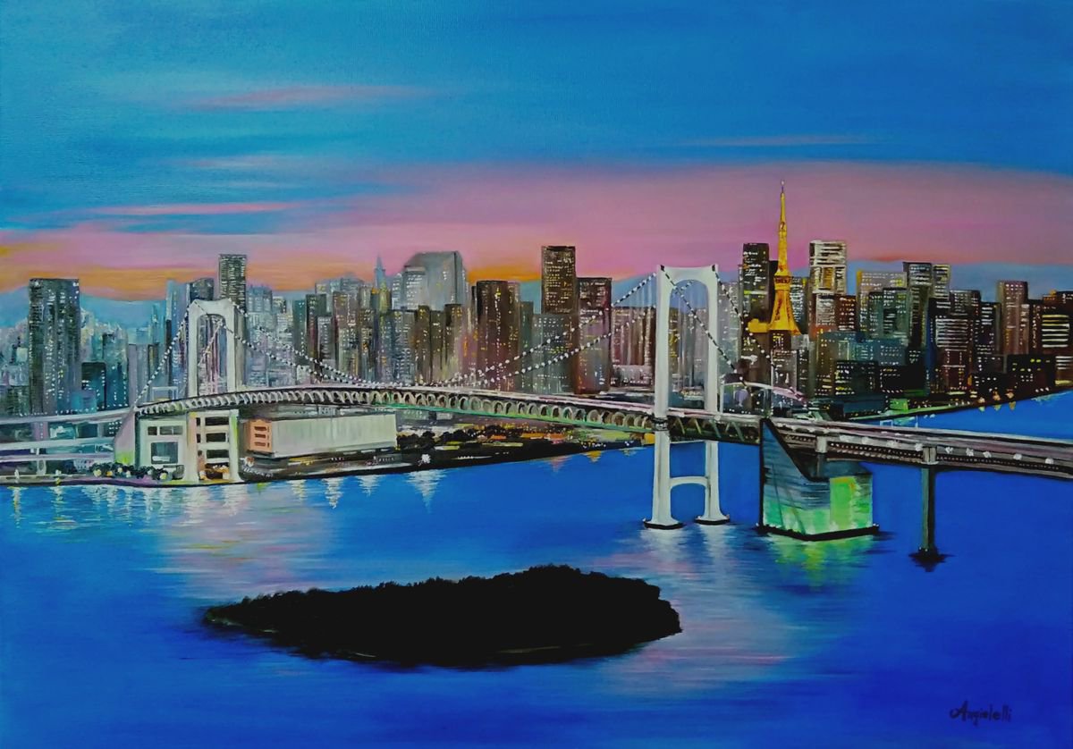 Photorealistic Landscape Oil Painting By Anna Rita Angiolelli, 28 X 20, Tokyo - Landscape, Original Artwork