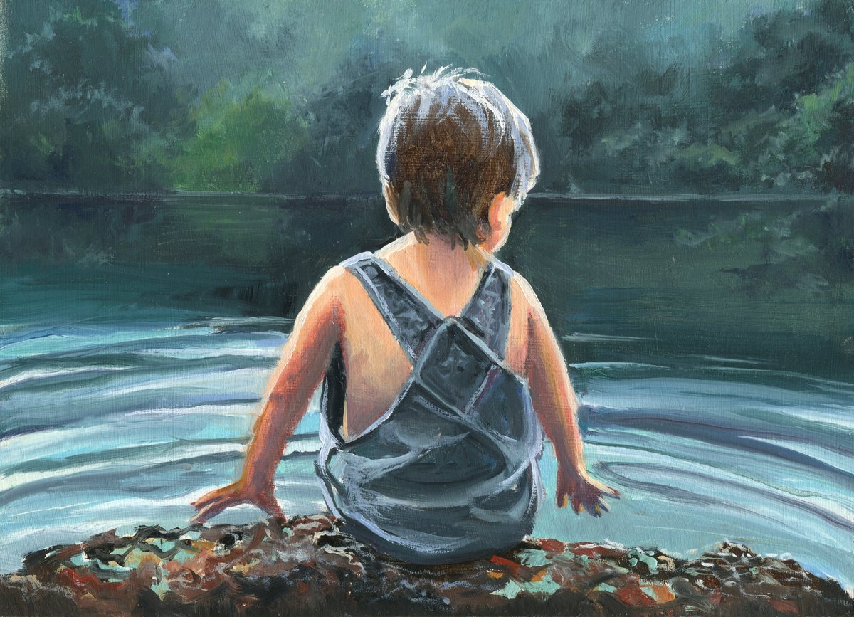 Child in twilight lake scene by Lucia Verdejo