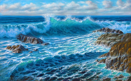 Ocean Painting - Seascape Original Art Wave Painting On Canvas Ocean Wave Artwork 32" by 20"