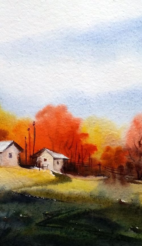 Beauty of Autumn Mountain Village - Watercolor Painting by Samiran Sarkar