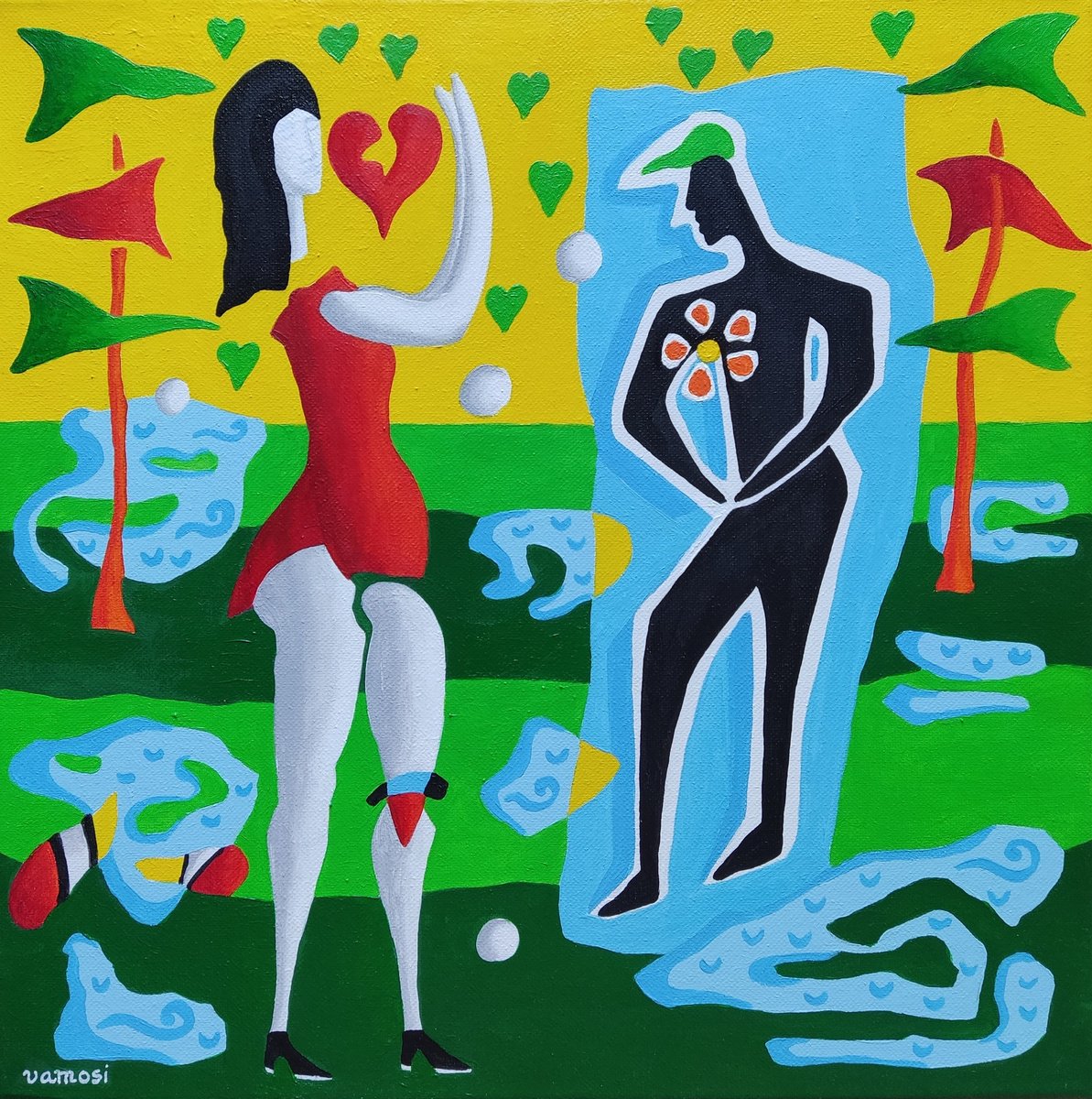 Urban And Pop Portrait Acrylic Painting By Vamosi Peter, 16 X 16", Declaration Of Love, Original Artwork