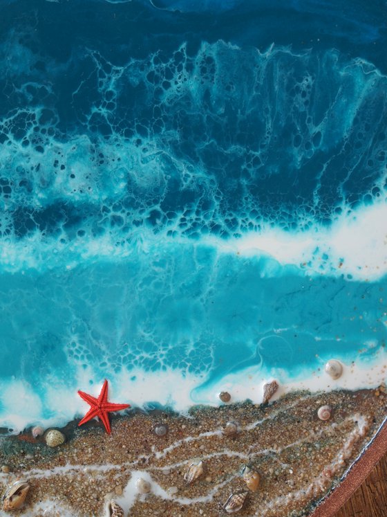 Starfish beach - original seascape 3d resin artwork, framed, ready to hang