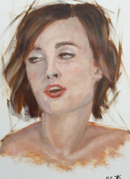 The flirt. Woman oil portrait. Etude style. 38 x 27 cm/ 15 x 10.6 in by Tatiana Myreeva