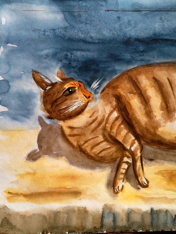 Cat Painting Animal Original Art Pet Painting Cat Portrait Watercolor Artwork Home Wall Art 17 by 12" by Halyna Kirichenko