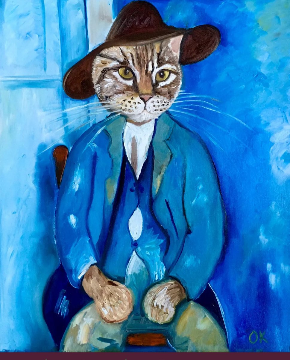 Expressive Animal Oil Painting By Olga Koval, 20 X 24", Troy The Cat Little Peasant, Original Artwork