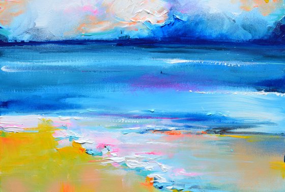 New Horizon 164 - 40x40 cm, Colourful Seascape, Sunset Painting, Impressionistic Colorful Painting, Large Modern Ready to Hang Abstract Landscape, Pink Sunset, Sunrise, Ocean Shore