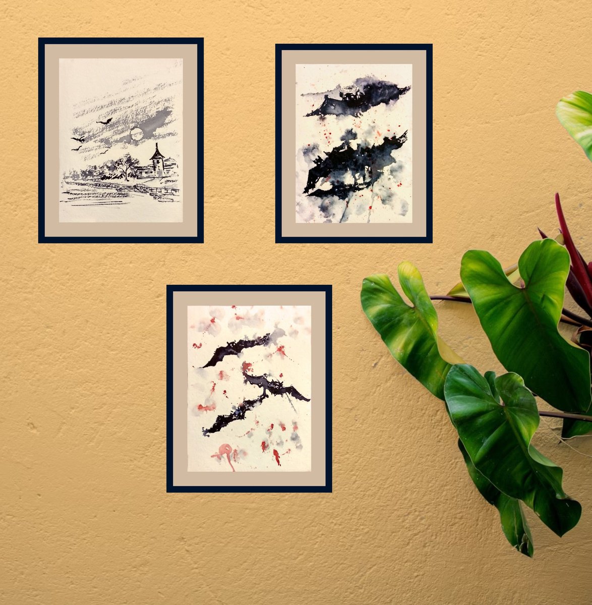 Illustrative Animal Ink Drawing By Asha Shenoy, 17 X 7, Set Of 3 Spooky Halloween Art, Original Artwork