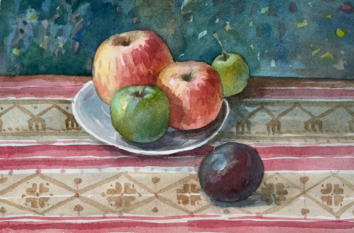 Watercolor Apples Ukrainian Still life on embroidered towel by Roman Sergienko