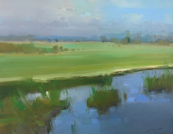 Summer Pond, Landscape oil painting, Handmade artwork,