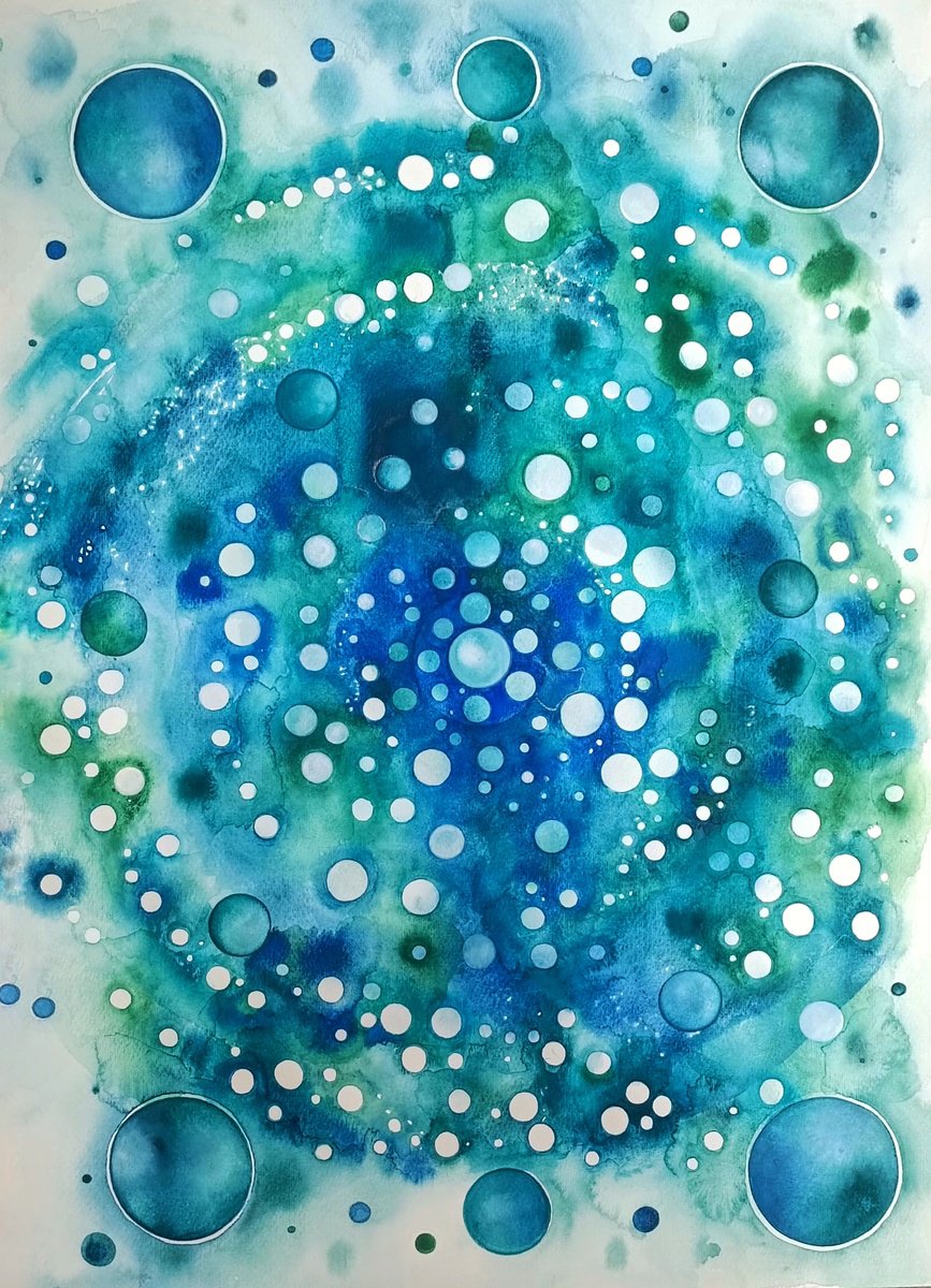 Organic Abstract Watercolour By Ilaria Finetti, 14 X 20, Turquoise Nebula, Original Artwork