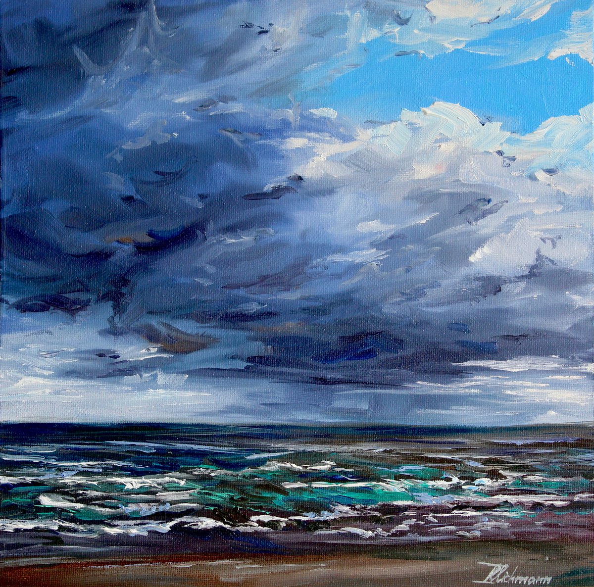 Impressionistic Landscape Oil Painting By Liza Illichmann, 10 X 10", Prussian Blue, Original Artwork