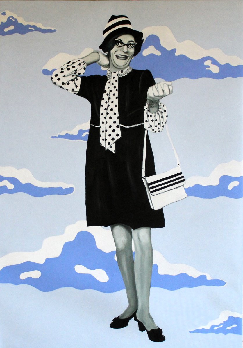 Urban And Pop Portrait Oil Painting By Mathew Halpin, 28 X 39", Dame Edna In The Sky, Original Artwork