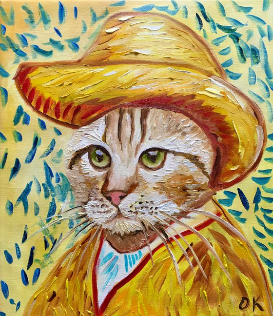 Cat in a straw hat with green eyes La Vincent Van Gogh